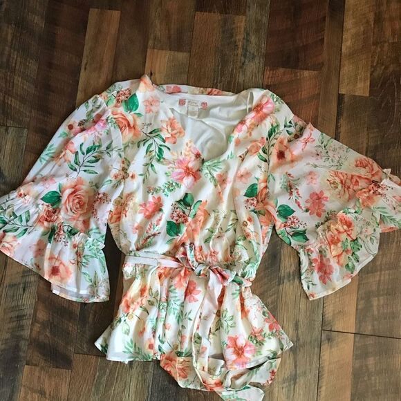Flying Tomato 3/4 ruffle sleeve orange green top blouse plus Size 3X floral - Picture 4 of 4